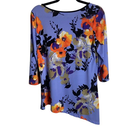 Susan Graver Size S Floral Printed Liquid Knit Asymmetrical Hem Tunic Top Blue - Picture 3 of 9